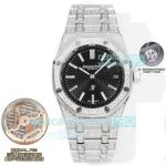 OMF Super Clone New Audemars Piguet Royal Oak Black Face White Gold Full Diamond Watch 